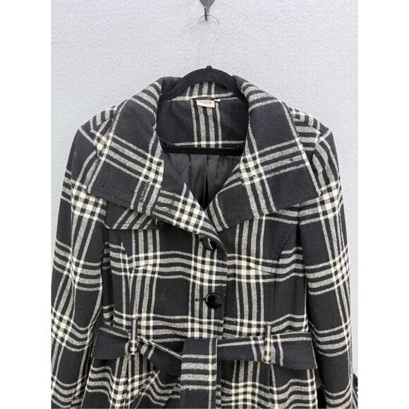 Georgiou Studio Womens Black White Plaid Long Wool Blend Pea Coat Jacket Size 12 - Picture 2 of 10
